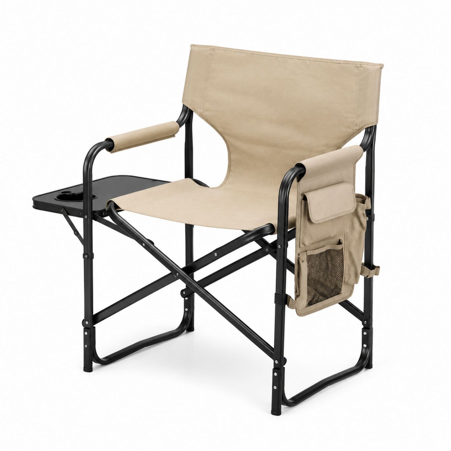 Folding Outdoor Director's Chair with Metal Frame and Side Table Beige