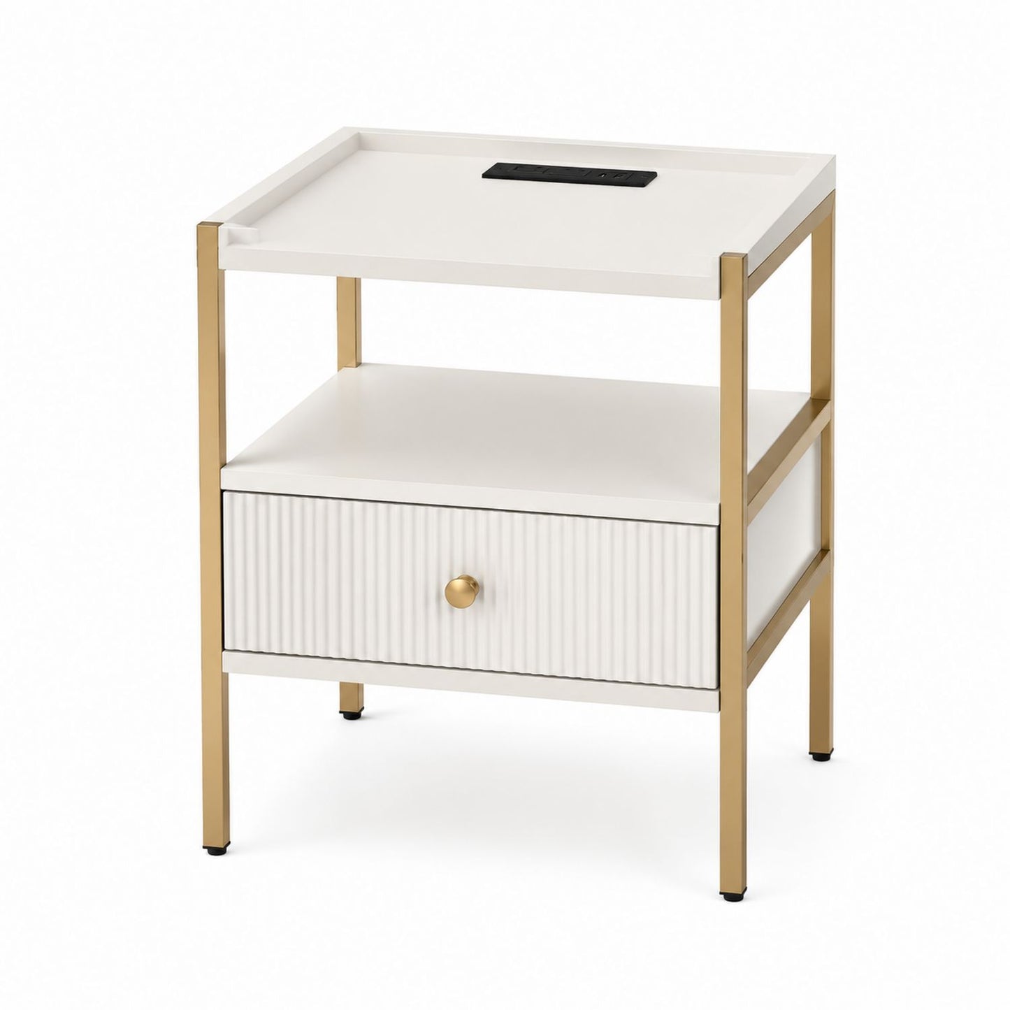 Wood and Metal Nightstand with USB Port and Gold Frame