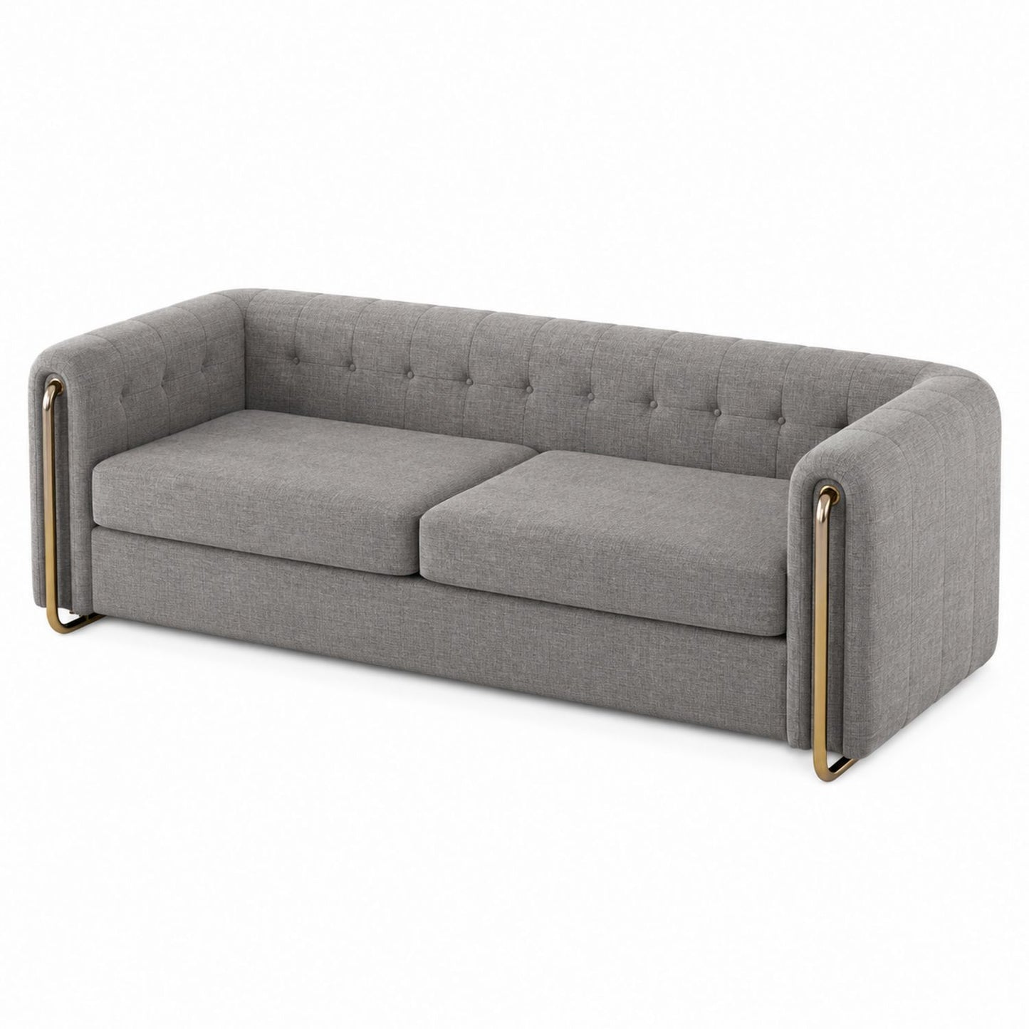Gray Fabric Upholstered Three-Seater Sofa with Metal Accents