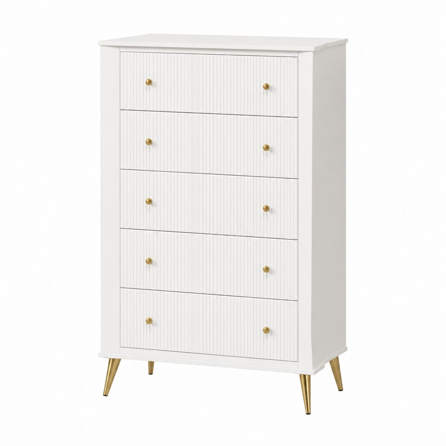 5-Drawer White Wood Dresser with Gold Knobs