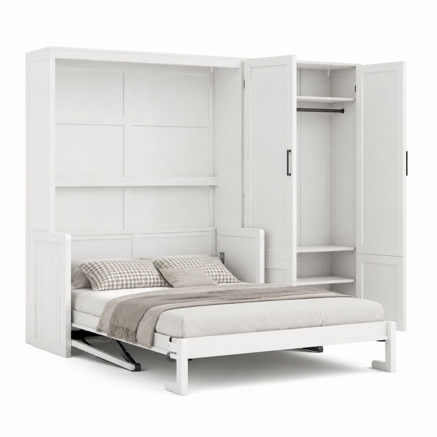White Wood Murphy Bed with Wardrobe Storage