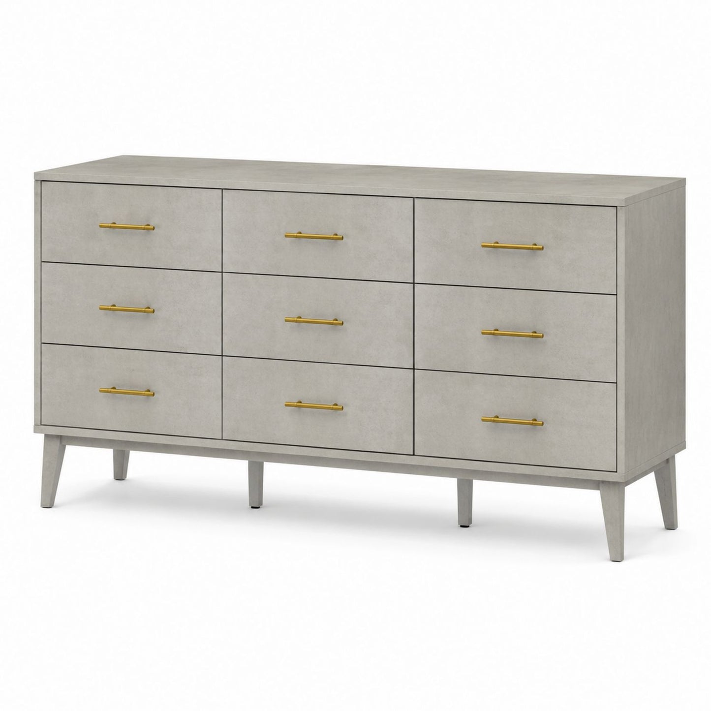 Engineered Wood Dresser with Gold Metal Handles, 9-Drawer, Light Gray