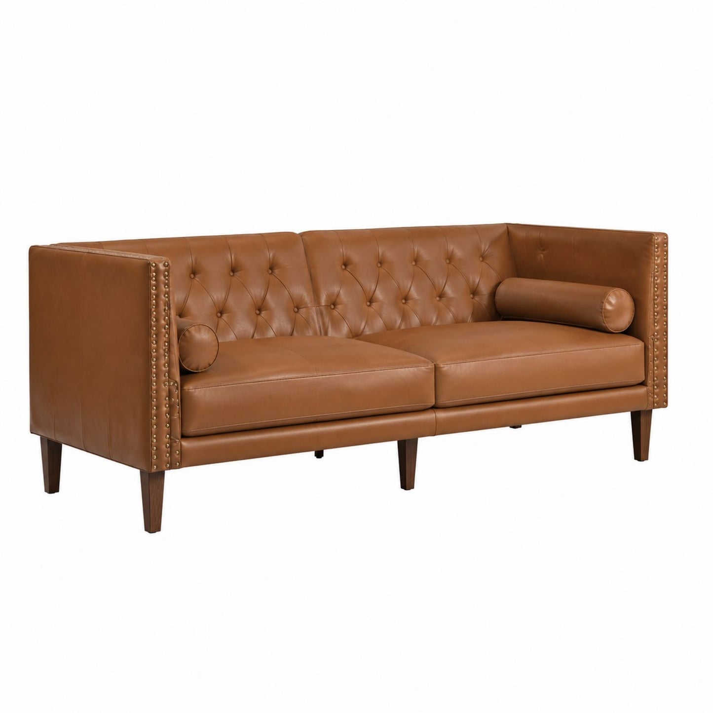 Brown Leather Sofa with Nailhead Trim, 210cm