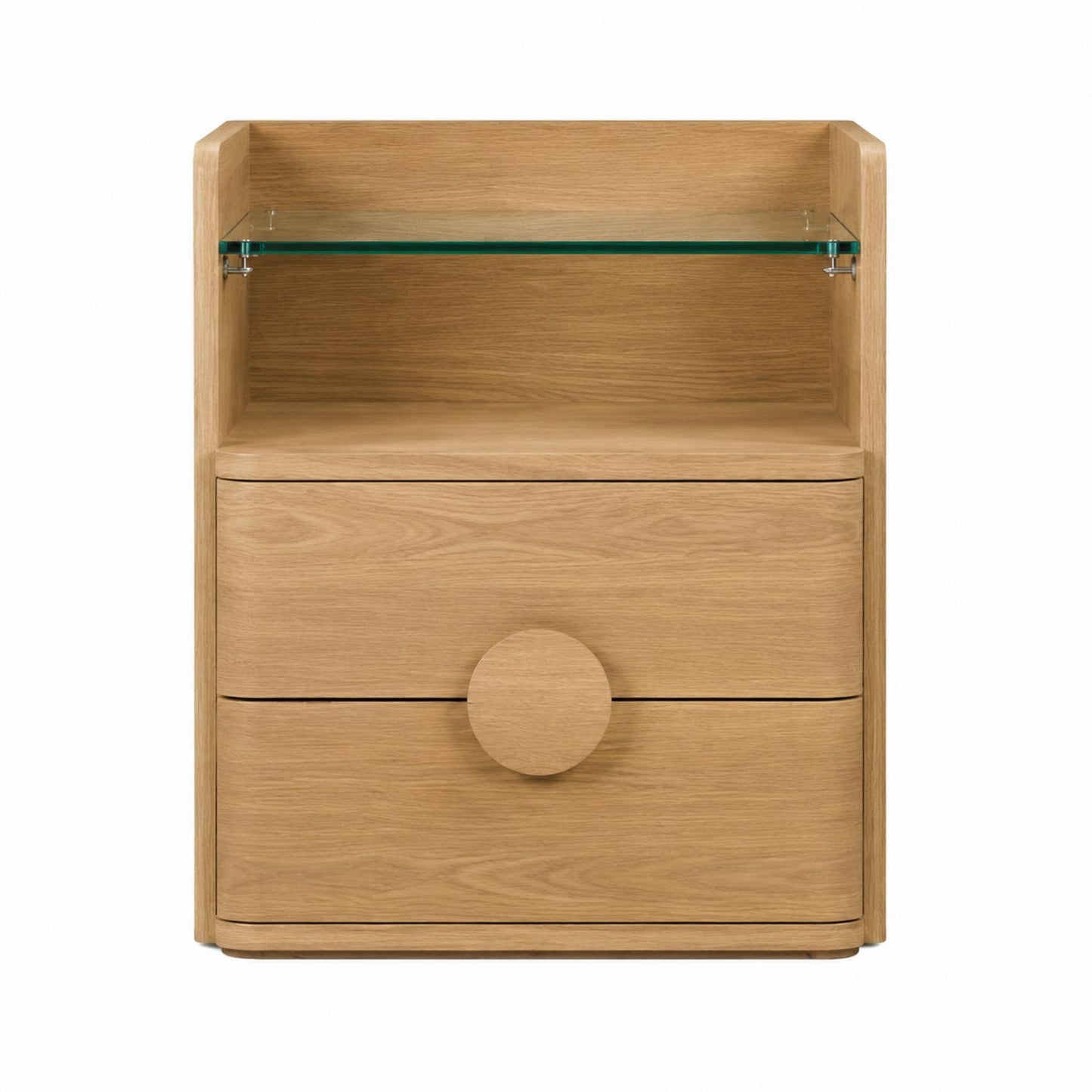 Wooden Nightstand with Glass Shelf and Two Drawers