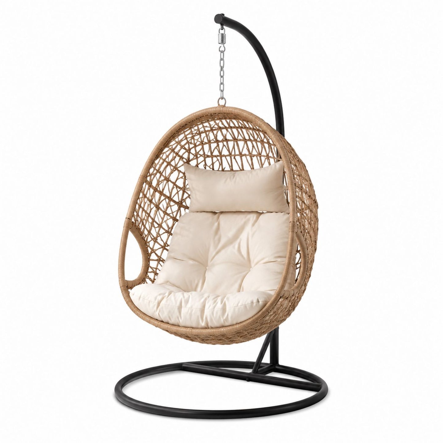 PE Rattan Hanging Egg Chair with Stand Beige Cushion Steel Frame