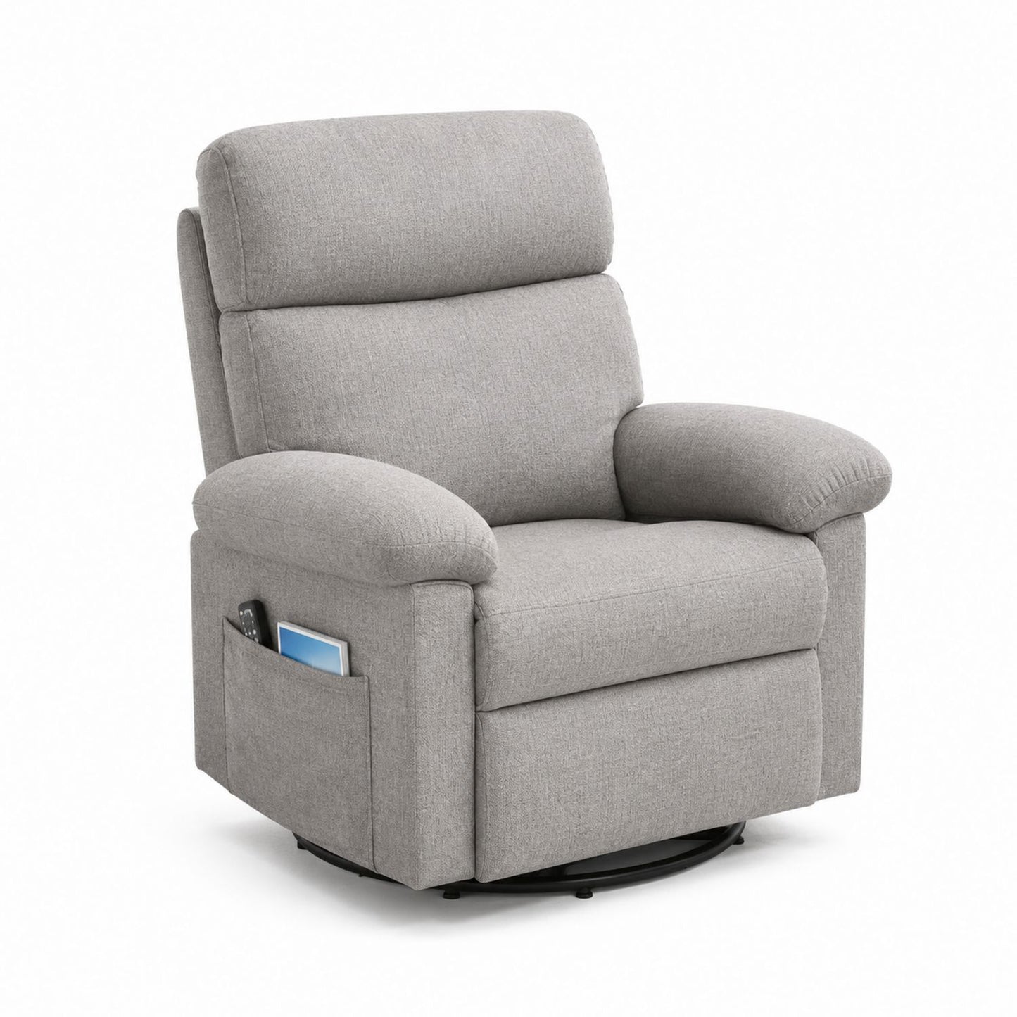 Gray Fabric Recliner Chair with Swivel, Rocking Function and Side Pocket