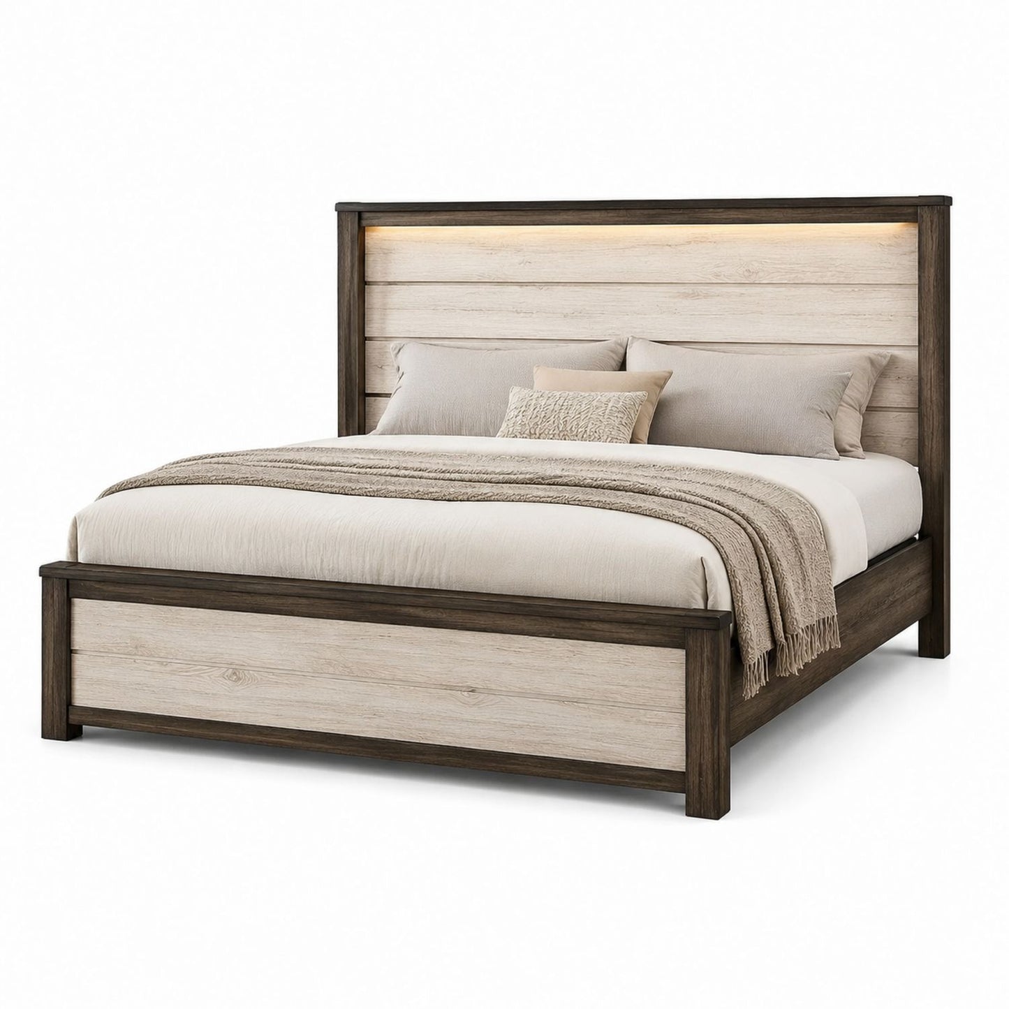 King Platform Bed with Wood Frame and LED Headboard Light Brown 200x220 cm