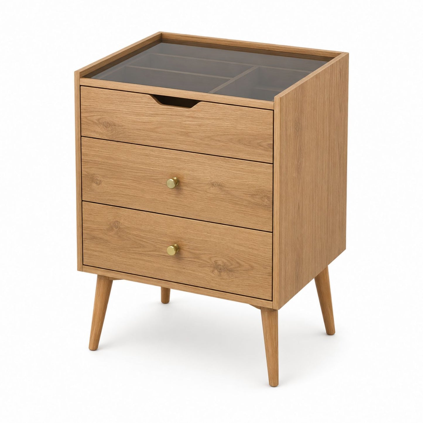 Wood Nightstand with Glass Top and Three Drawers