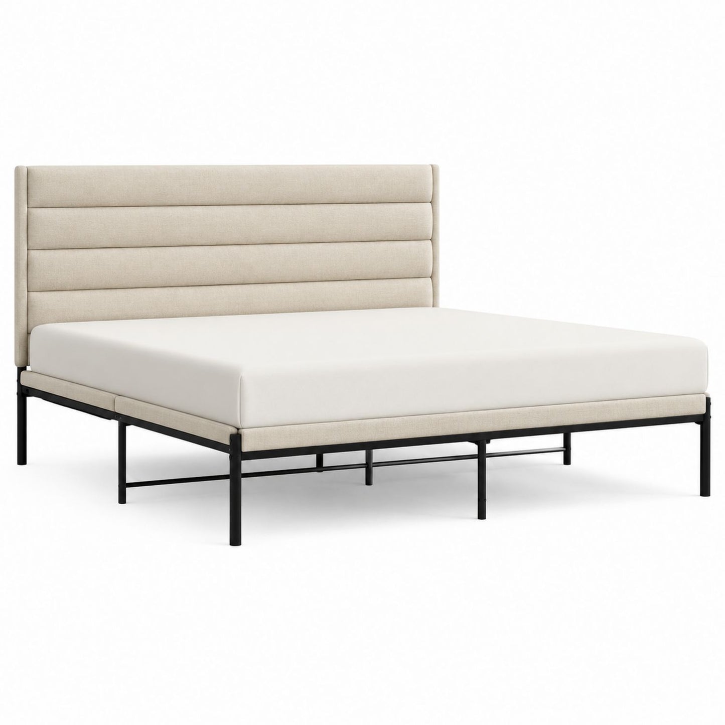 Linen Upholstered Platform Bed with Steel Frame Queen Size