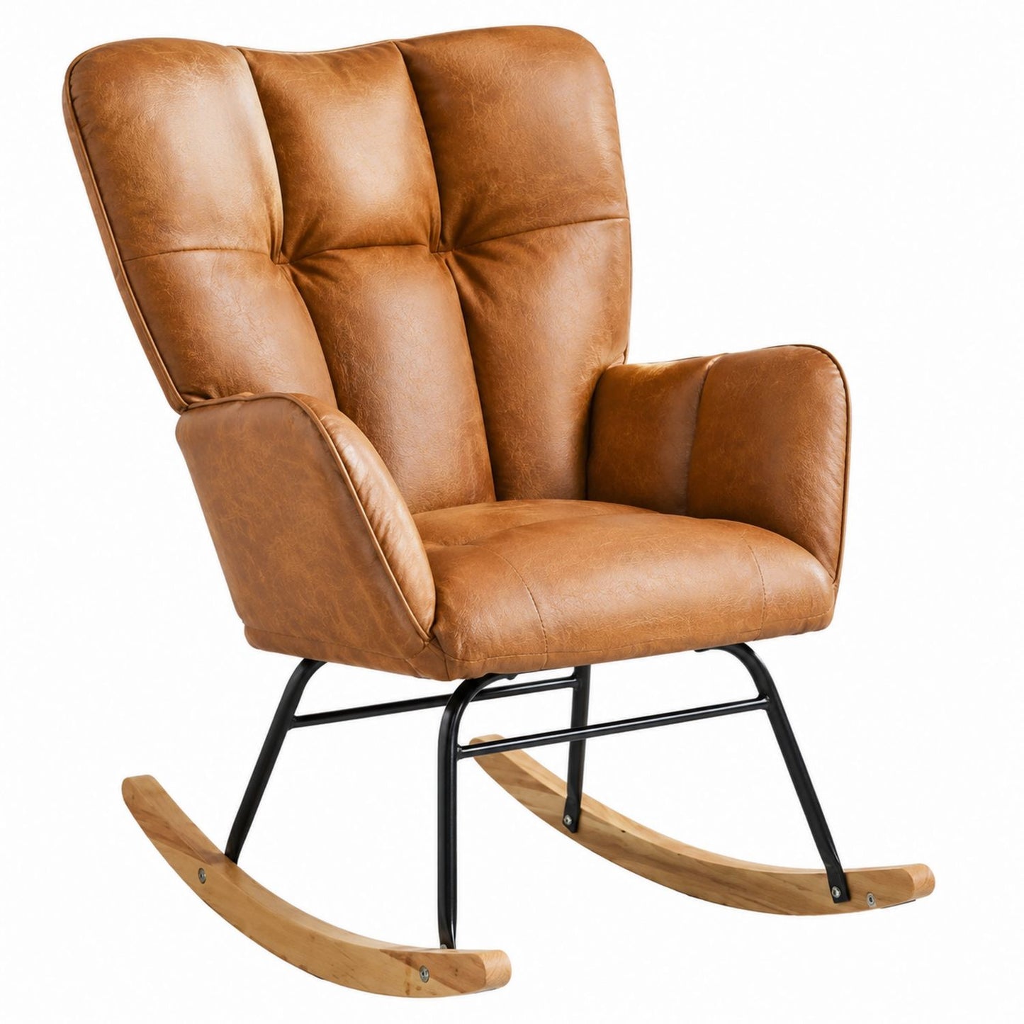 Rocking Chair PU Leather Brown with Metal Frame and Wooden Legs