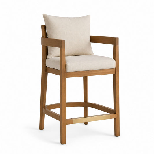 Wooden Bar Stool with Beige Cushion and Backrest 110cm