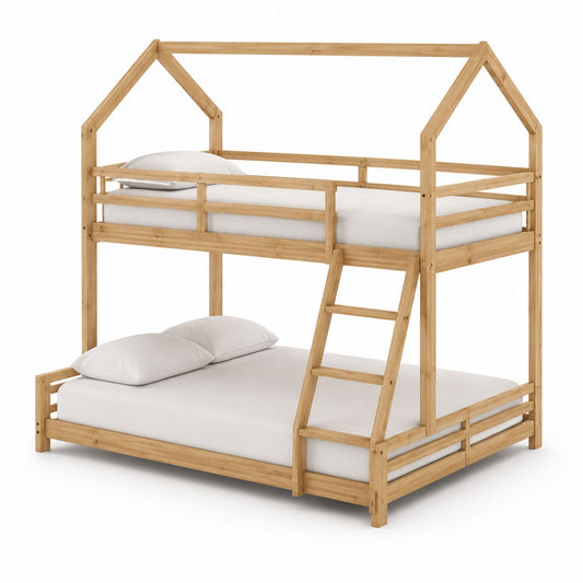 Wooden Bunk Bed with Ladder Natural Finish Twin Over Full