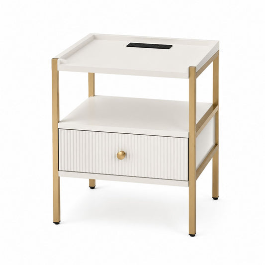 Wood and Metal Nightstand with USB Port and Gold Frame