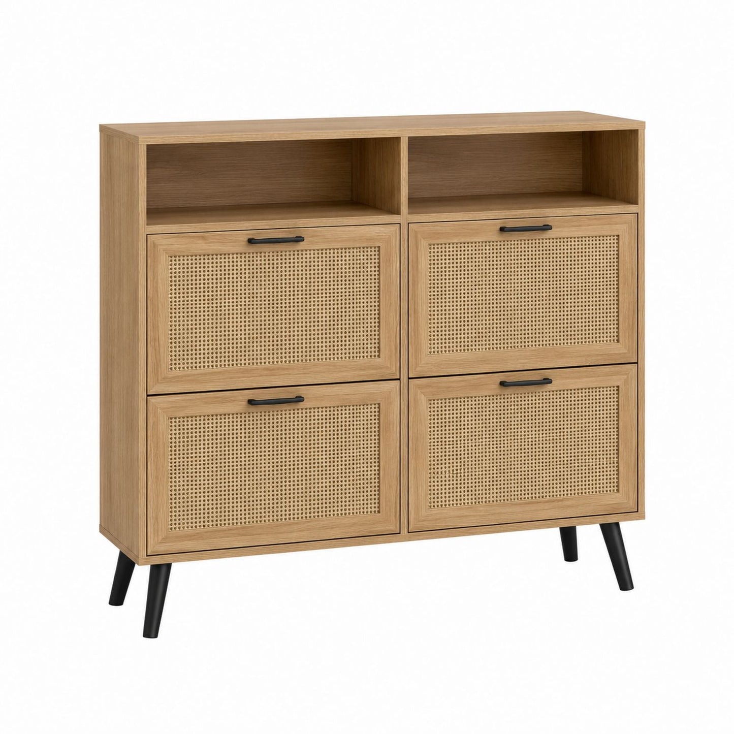 Wooden Shoe Storage Cabinet with Rattan Doors and Open Shelves