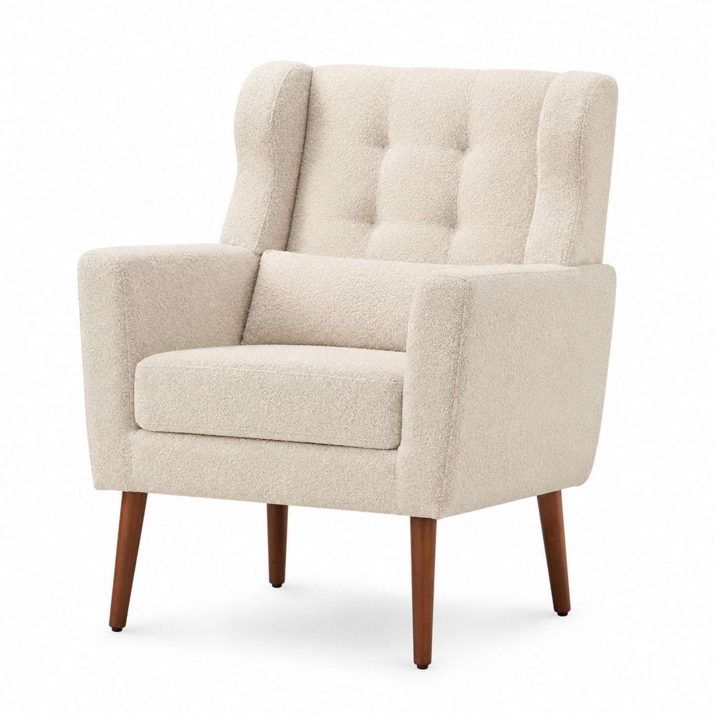 Beige Polyester Upholstered Wingback Accent Chair with Solid Wood Legs