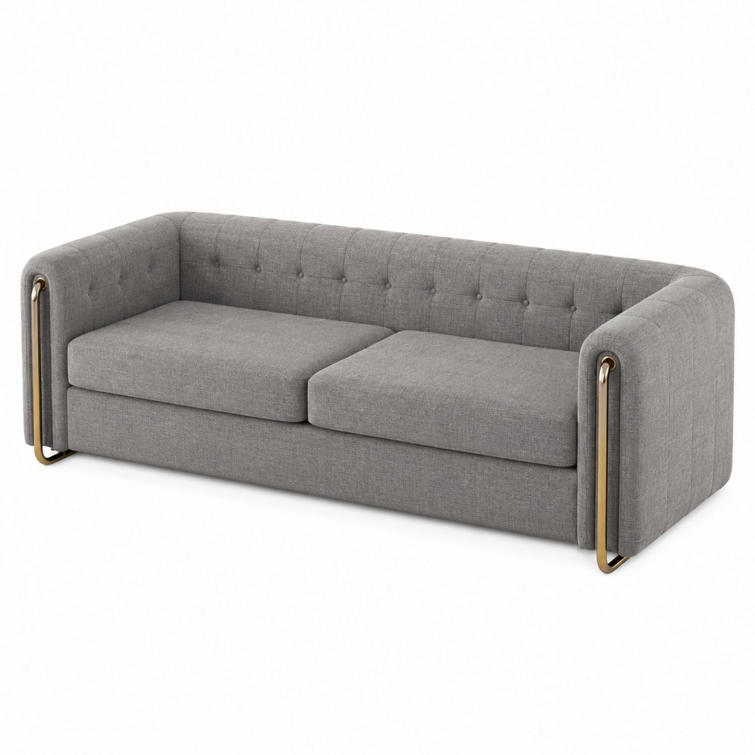 Gray Fabric Upholstered Three-Seater Sofa with Metal Accents