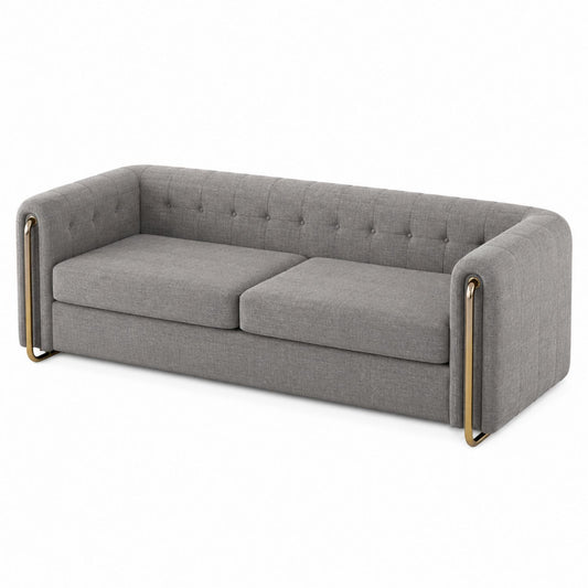 Gray Fabric Upholstered Three-Seater Sofa with Metal Accents