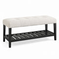 Beige Upholstered Rectangular Bench with Black Wood Frame and Storage Shelf 120cm