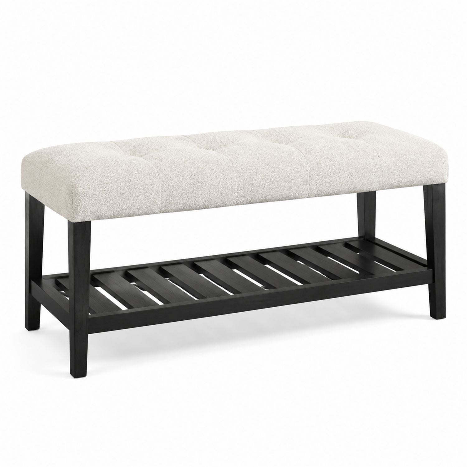 Beige Upholstered Rectangular Bench with Black Wood Frame and Storage Shelf 120cm