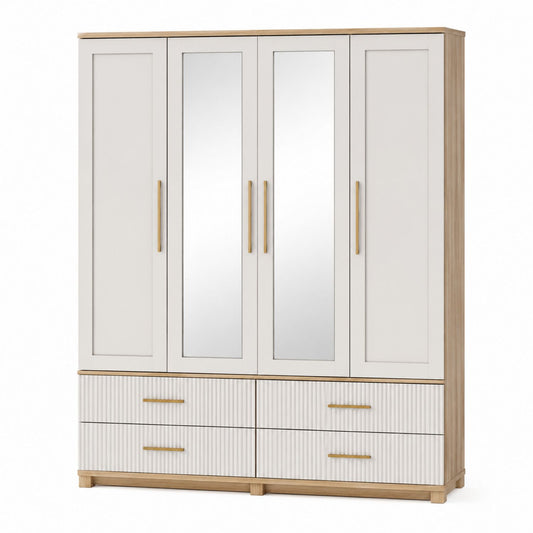 Wood and Glass Wardrobe with Four Doors and Mirrors