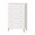5-Drawer White Wood Dresser with Gold Knobs