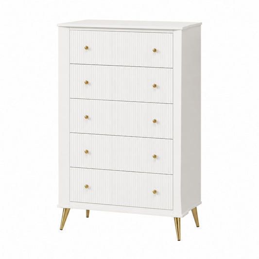5-Drawer White Wood Dresser with Gold Knobs