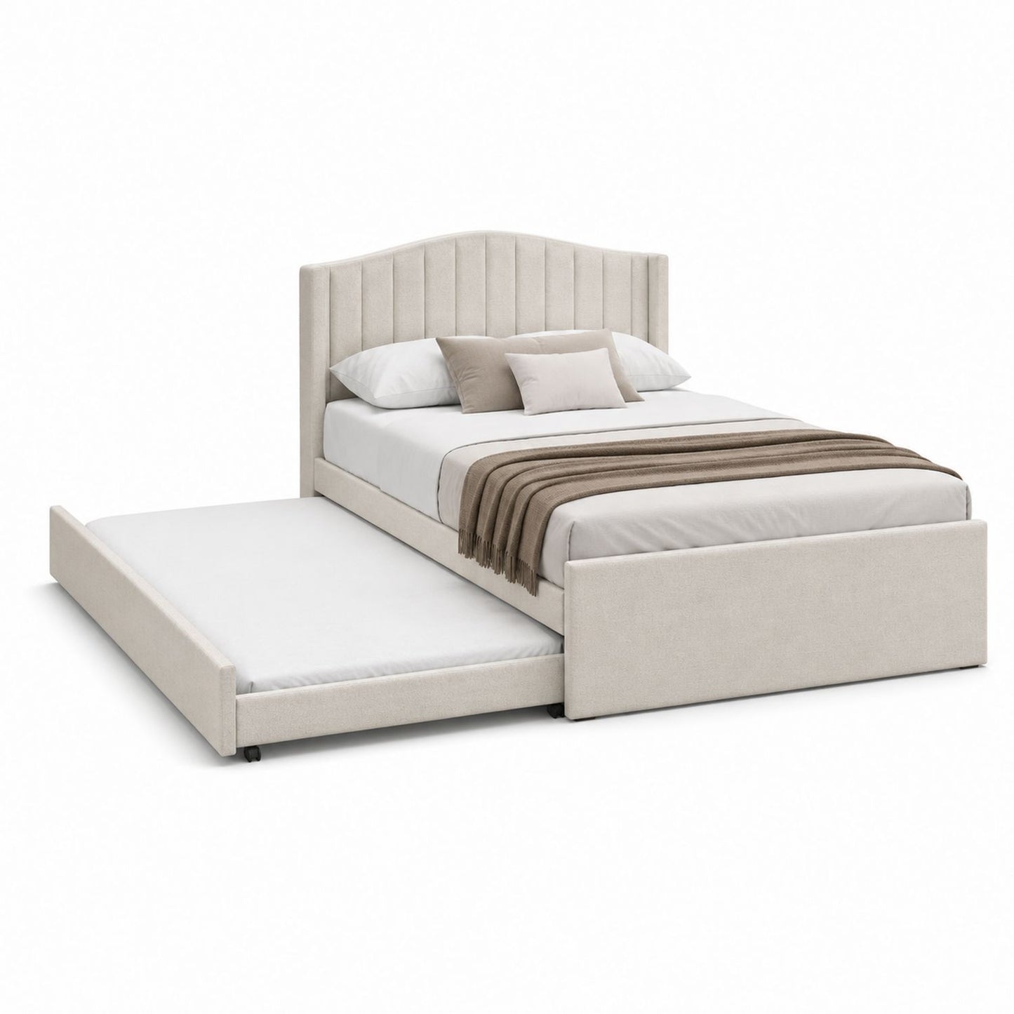 Beige Fabric Upholstered Bed Frame with Trundle