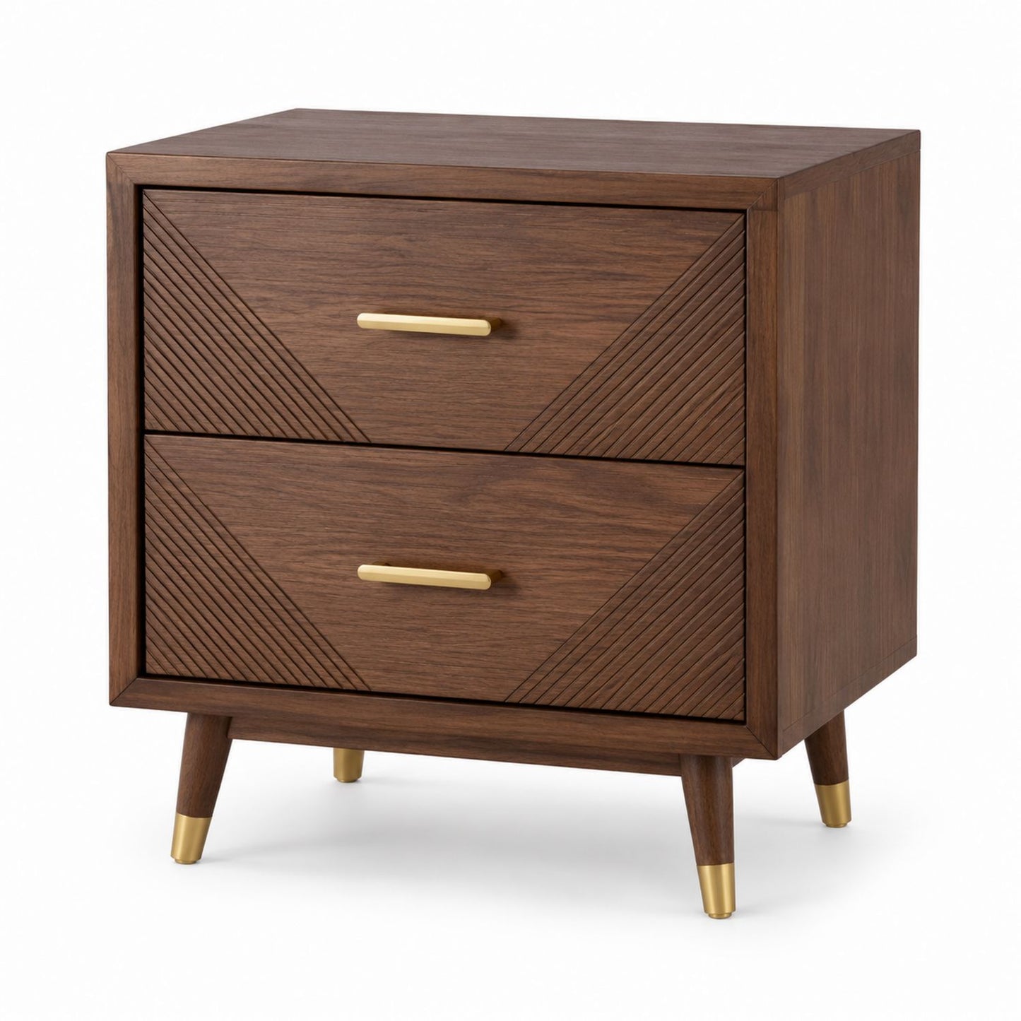 Walnut Wood Nightstand with Two Drawers and Brass Handles