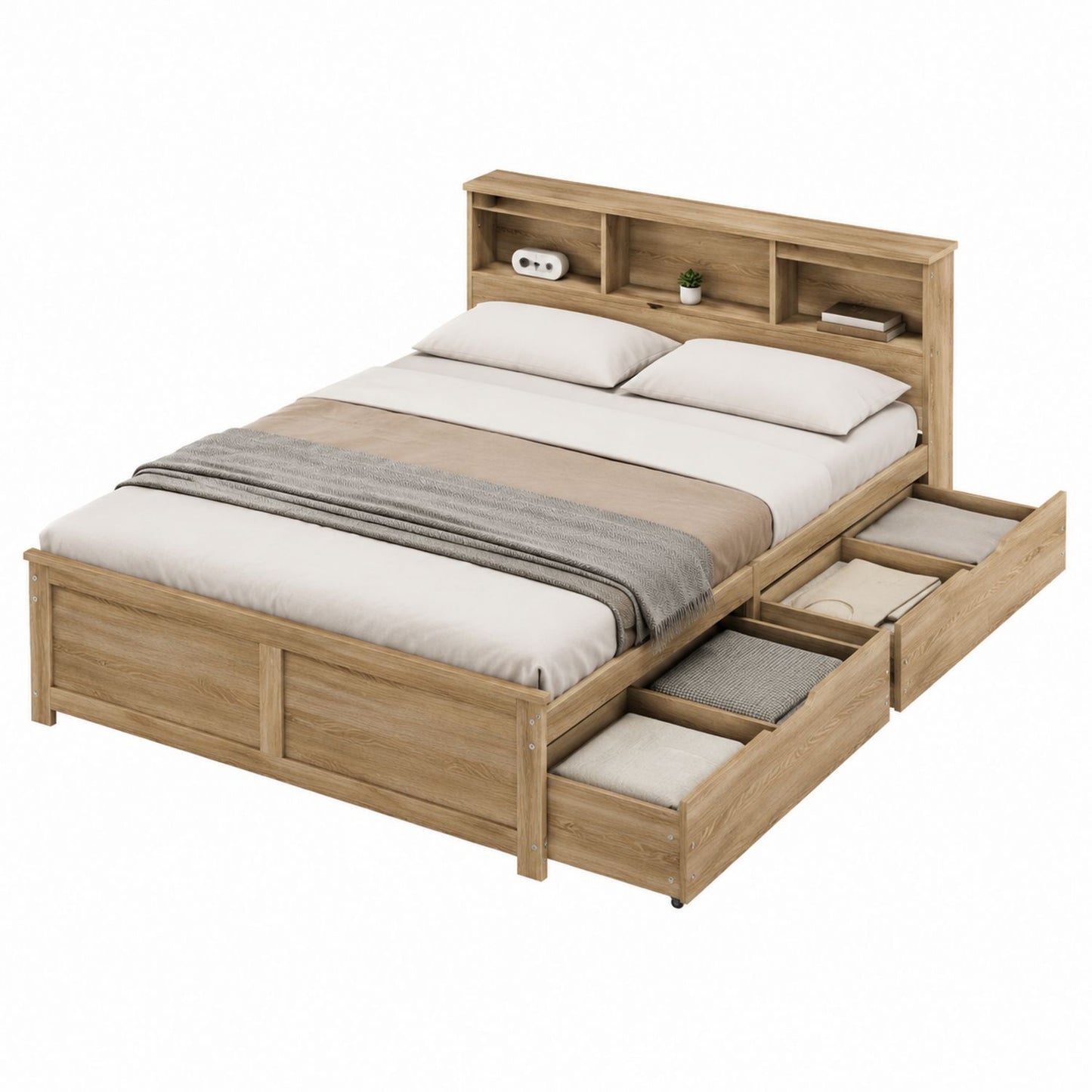 Wooden Storage Bed with Headboard and Drawers Oak Queen Size