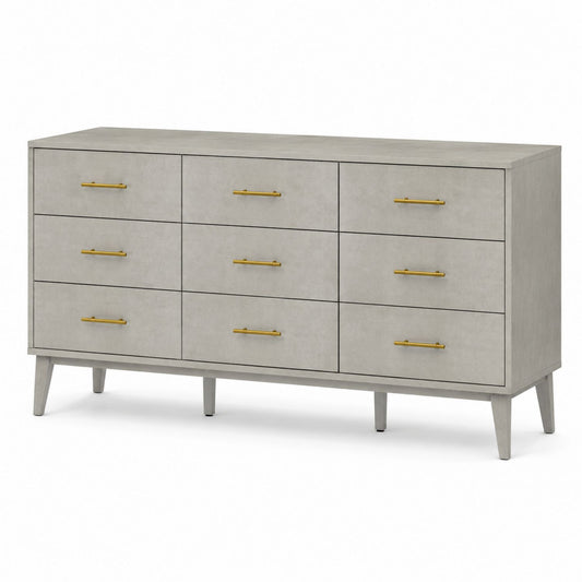 Engineered Wood Dresser with Gold Metal Handles, 9-Drawer, Light Gray