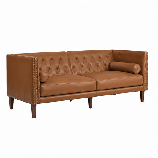 Brown Leather Sofa with Nailhead Trim, 210cm