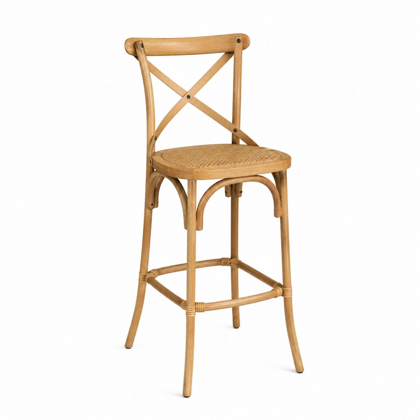 Wood Bar Stool with Rattan Seat Natural Finish