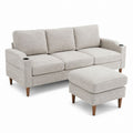 Beige Fabric Sofa with Ottoman and Cup Holders