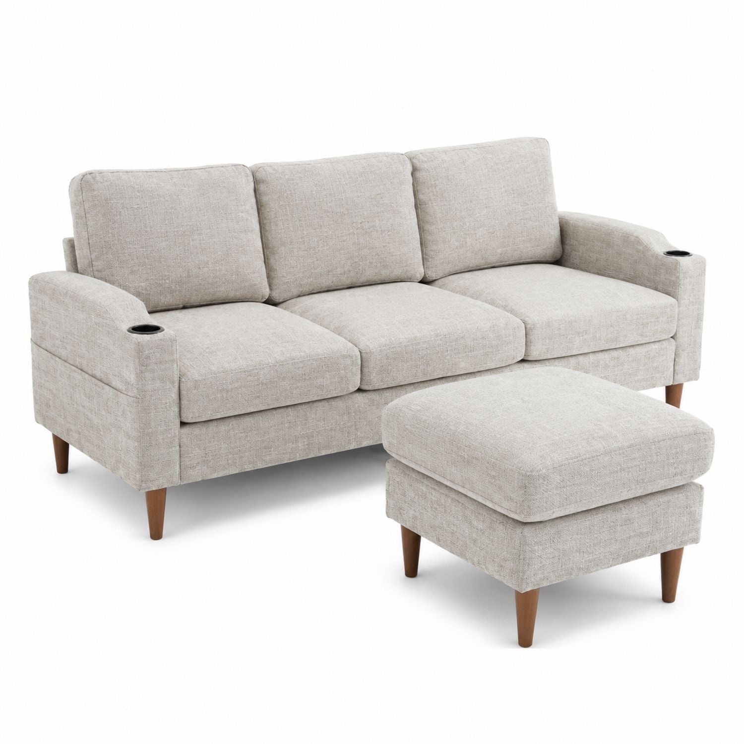 Beige Fabric Sofa with Ottoman and Cup Holders