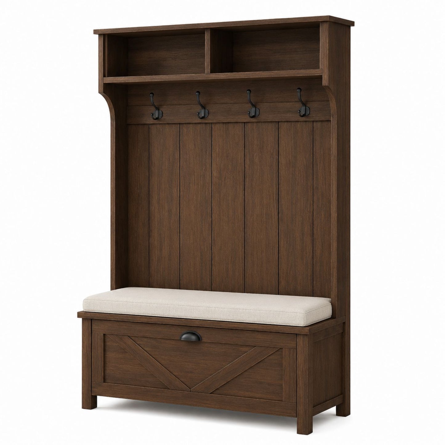 Wooden Entryway Coat Rack with Cushion Bench Brown