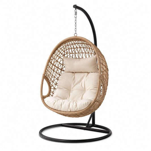 PE Rattan Hanging Egg Chair with Stand Beige Cushion Steel Frame