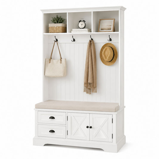Wooden Hall Tree Coat Rack with Bench and Storage in White