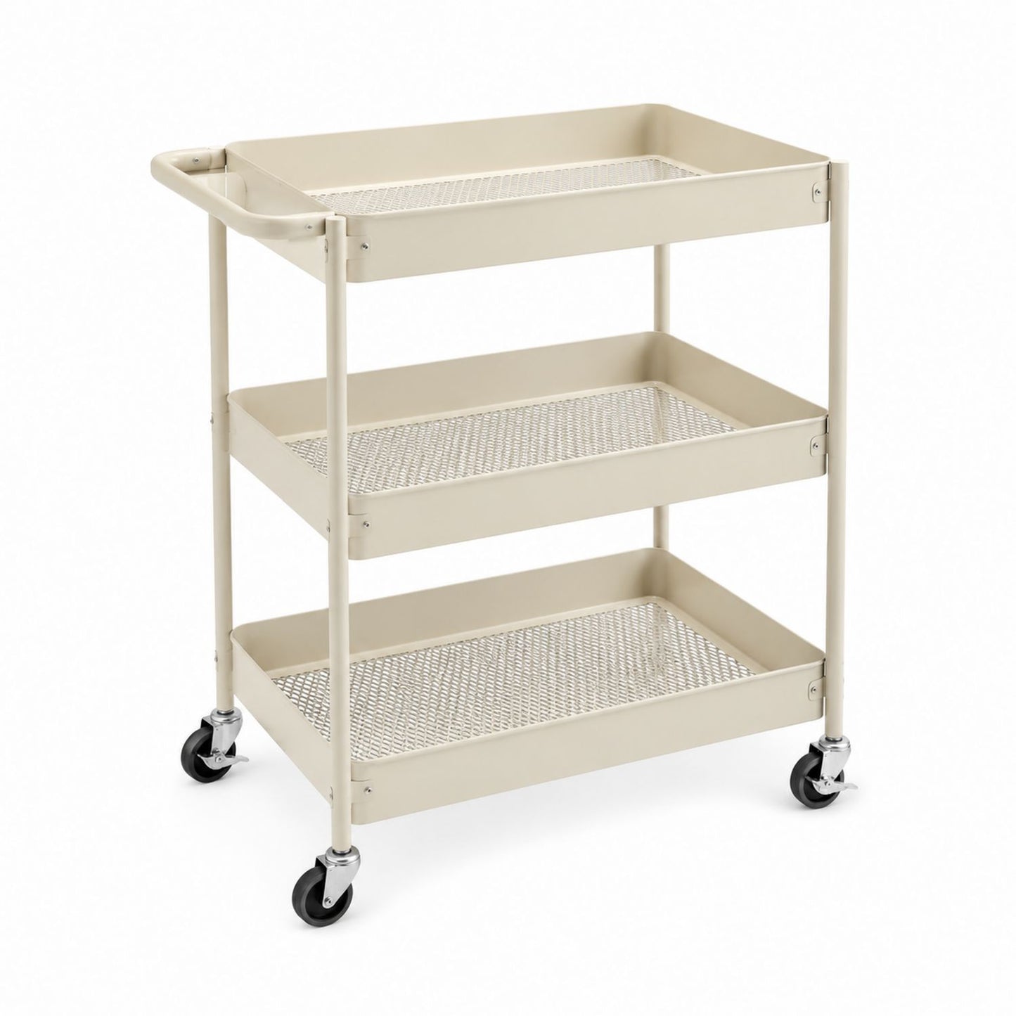 3-Tier Metal Rolling Cart with Mesh Shelves Beige
