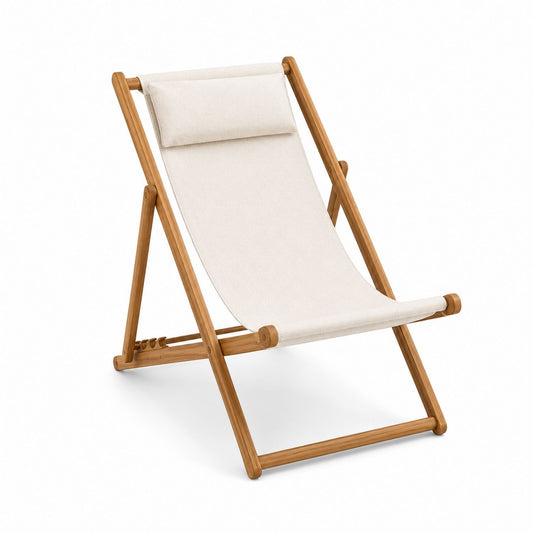 Outdoor Foldable Teak Chair with Canvas Fabric, Beige, 90cm Height