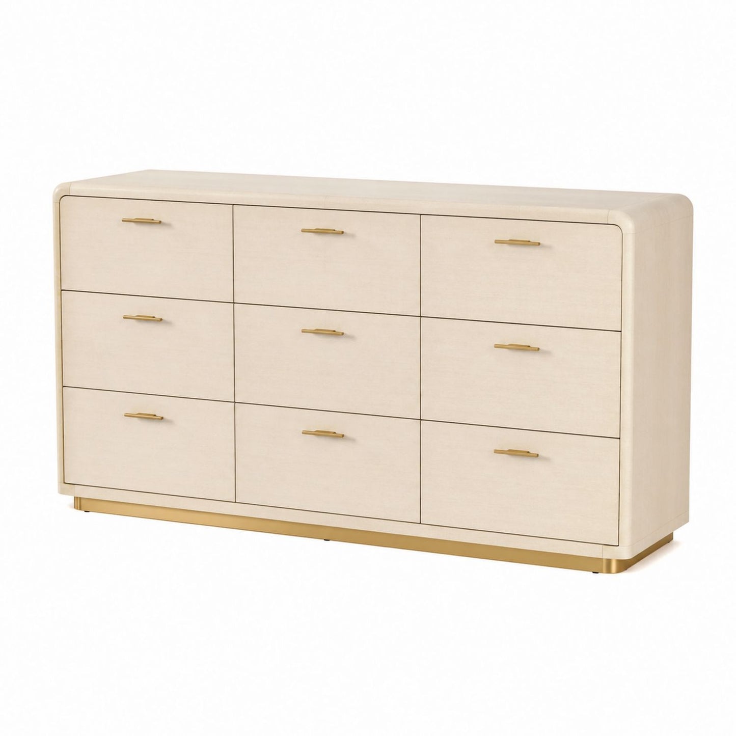 9-Drawer Dresser Beige Wood and Metal with Brass Handles
