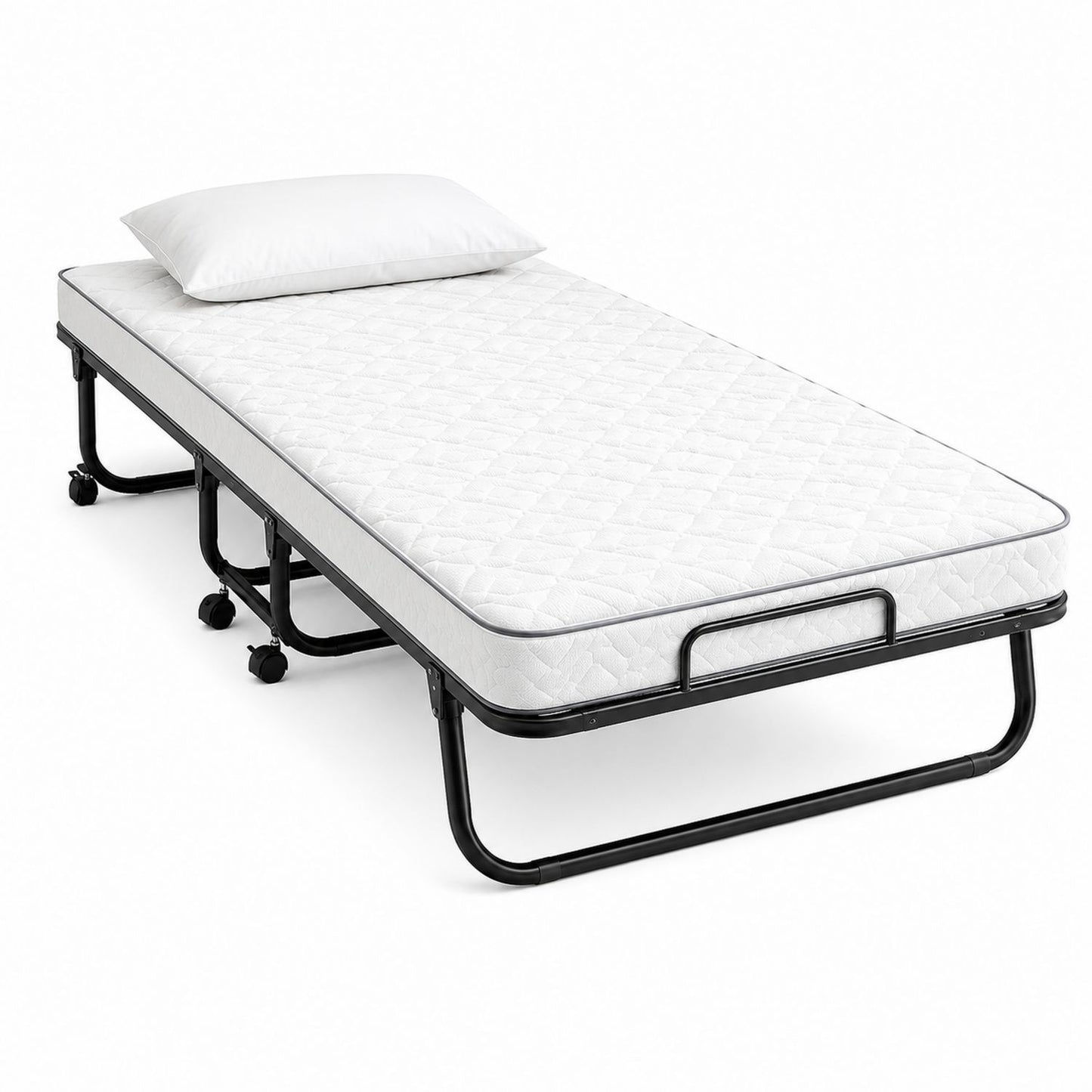 Foldable Rollaway Bed with Steel Frame and Foam Mattress - White