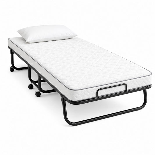 Foldable Rollaway Bed with Steel Frame and Foam Mattress - White