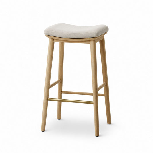 Oak Wood Bar Stool with Linen Seat, Natural Oak/Beige