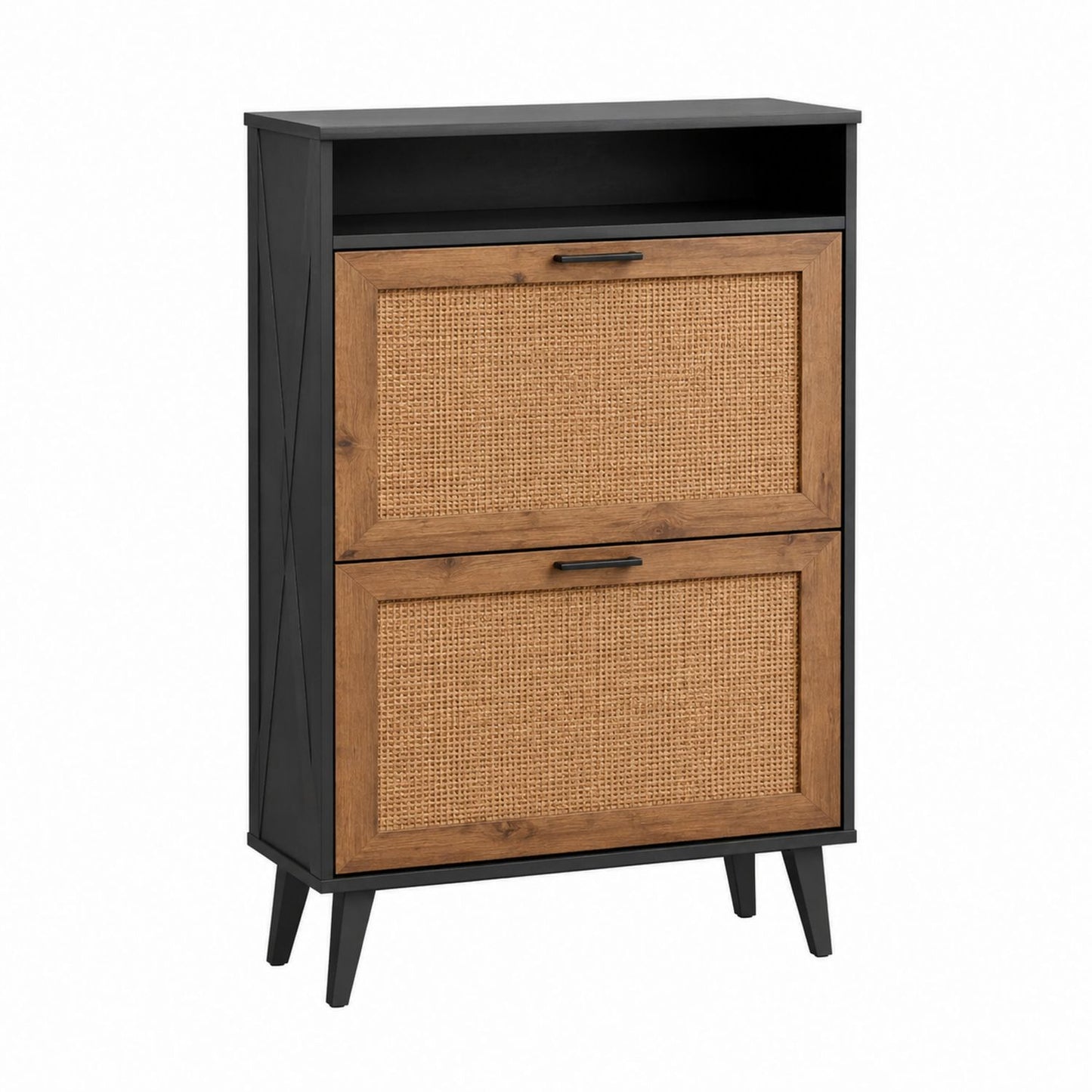 Wood Shoe Cabinet with Two Rattan Doors Black/Brown 80x30x100 cm