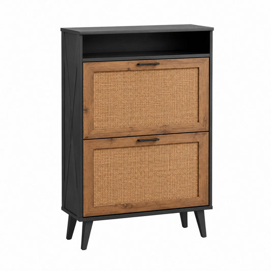 Wood Shoe Cabinet with Two Rattan Doors Black/Brown 80x30x100 cm