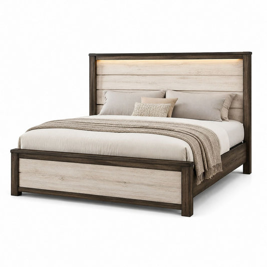King Platform Bed with Wood Frame and LED Headboard Light Brown 200x220 cm