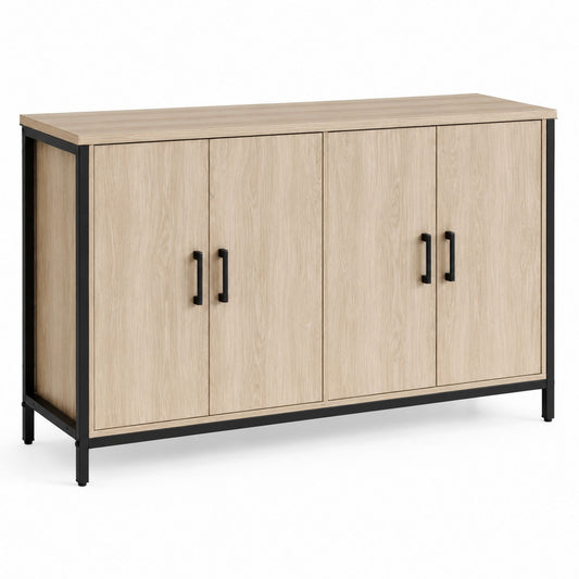 Oak Veneer Sideboard with Black Steel Frame, 4 Doors